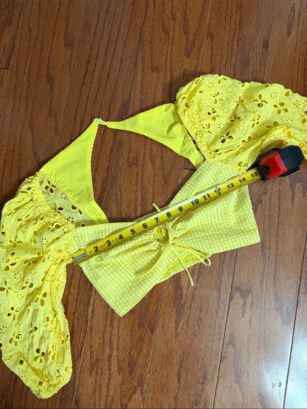 For Love Bell Lemons Picnic eyelet set gingham crop top puff sleeves w/ skirt -M - Picture 9 of 12